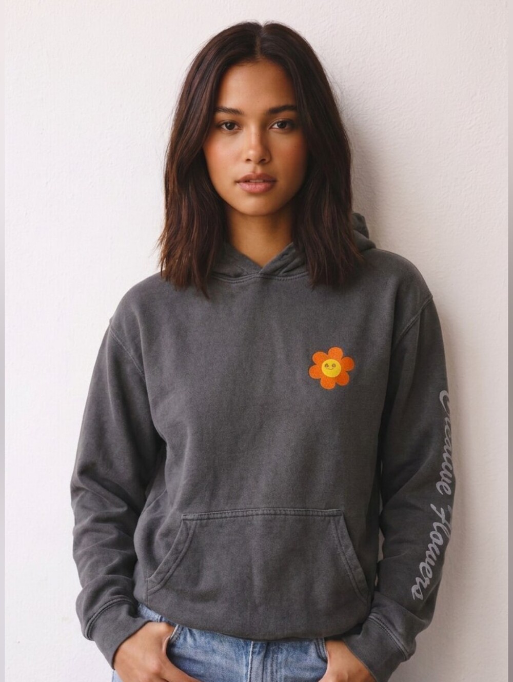 BDG Gray Hoodie with Orange Flower Patch